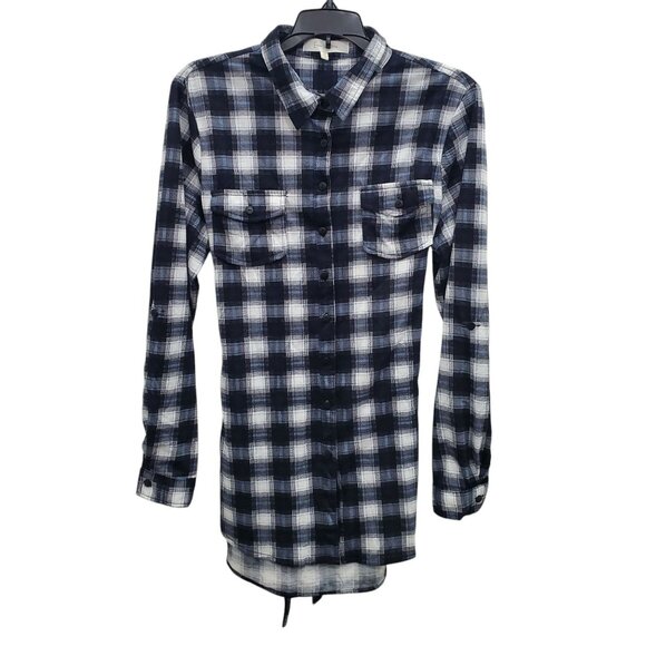 Eden‎ & Oliva Women's Navy White Plaid Roll Tab Belted Flannel Button Up Tunic M - Picture 1 of 11